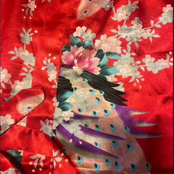 Red with birds and flowers shiny satin kimono like robe NWOT - Picture 4 of 12